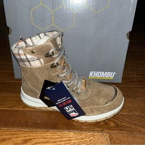 Khombu Sterling Faux Shearling Lined Boots Brown Leather Women’s 7 Plaid Trim